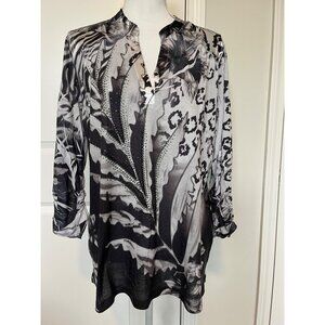 Chicos Womens Tunic Size L Top Black Gray Floral Animal Print w/ Rhinestones USA